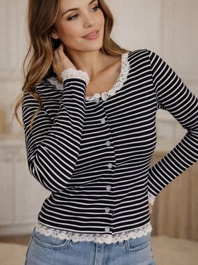 Le Lis Striped Lace Trim Button-Up Top - Navy & White NWT
